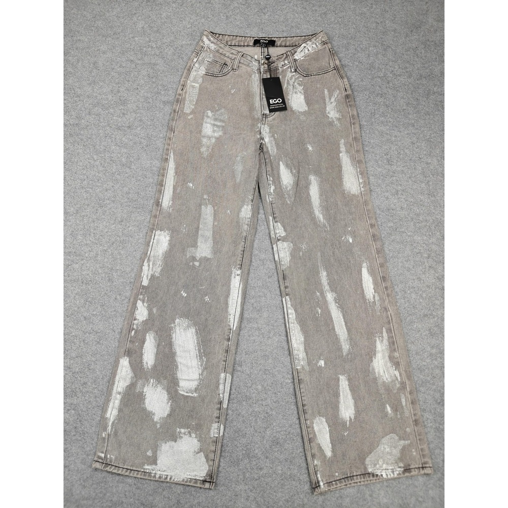 Ego Foil Wide Leg Jeans Womens 2 Gray Light Wash High Rise Denim Glitter